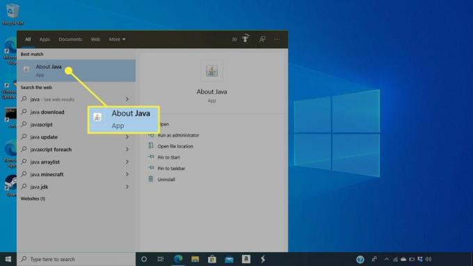 L'app Informazioni su Java in Windows