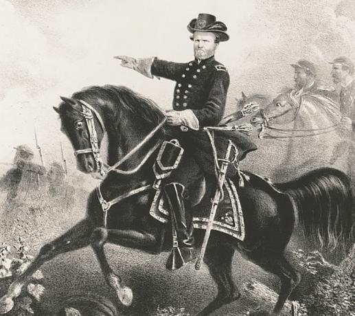 Major General George H. Thomas in uniforme dell'esercito americano a cavallo di un cavallo nero.