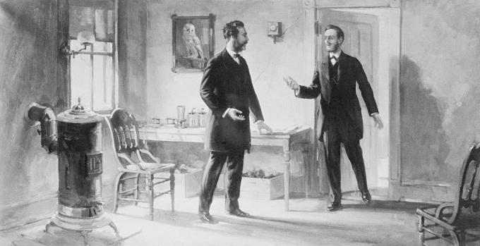 Alexander Graham Bell e Thomas Watson lavorano insieme a Boston nel 1887.
