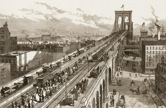 Illustrazione che mostra passaggio pedonale sul ponte di Brooklyn