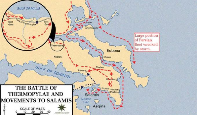 Mappa che mostra la battaglia delle Termopili.