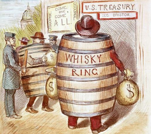 Una vignetta politica sullo scandalo Whisky Ring avvenuto durante il secondo mandato del presidente Grant.