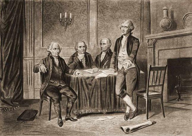 Illustrazione di quattro dei padri fondatori degli Stati Uniti, da sinistra, John Adams, Robert Morris, Alexander Hamilton e Thomas Jefferson, 1774.