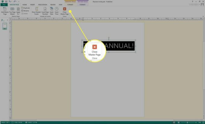 Uno screenshot di Microsoft Publisher con il pulsante "Chiudi pagina master" evidenziato