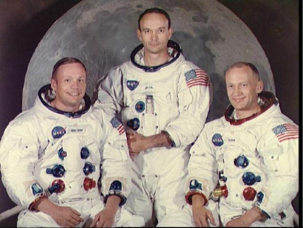 Un ritratto dell'equipaggio di Apollo 11 tra cui Neil Armstrong, Michael Collins e Buzz Aldrin.