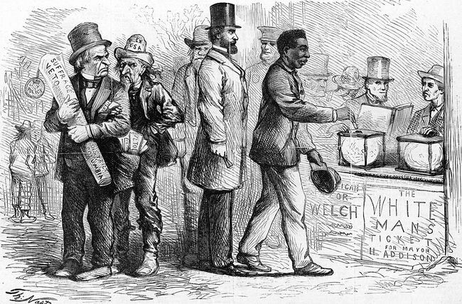 Marzo 1867, vignetta politica Harper's Weekly del fumettista americano Thomas Nast, raffigurante un afroamericano uomo che lancia il suo voto in un'urna durante le elezioni di Georgetown mentre Andrew Jackson e altri guardano rabbiosamente.