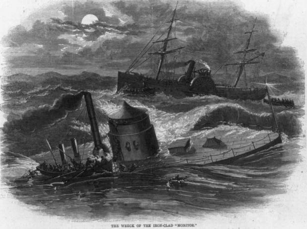 Raffigurazione dell'affondamento del Monitor al largo di Cape Hatteras, nella Carolina del Nord.