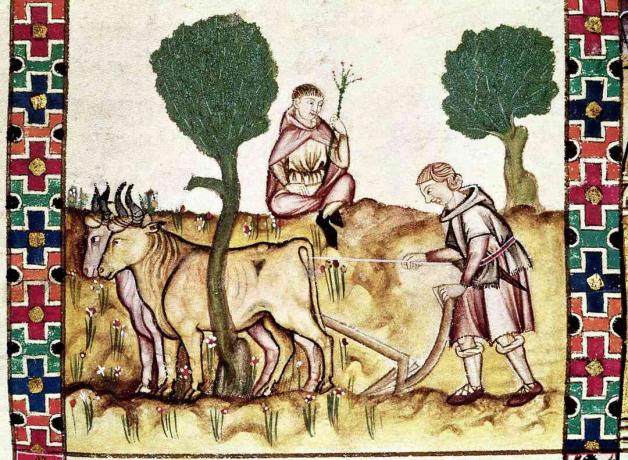 Immagine di pergamena dell'aratro del figlio e dell'agricoltore