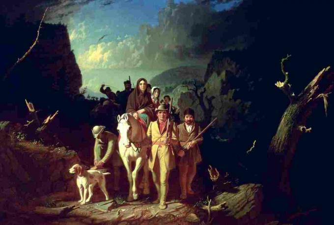 Quadro a colori di Daniel Boone che guida i coloni su Wilderness Road.