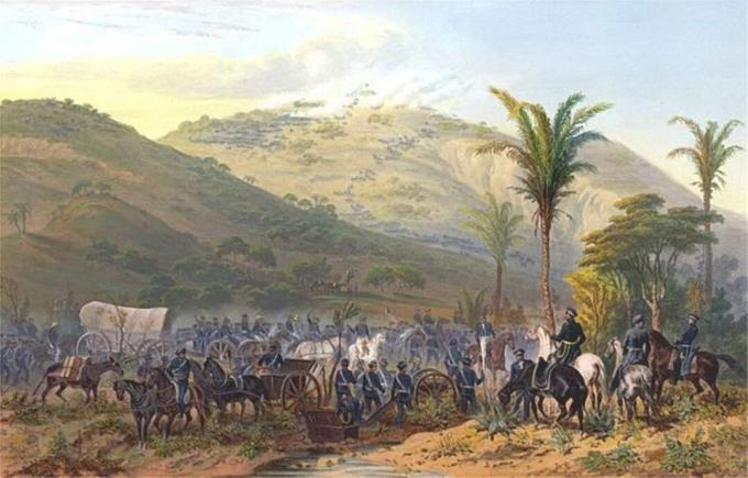 Le truppe americane in blu avanzano su una collina nella battaglia di Cerro Gordo, 1847.