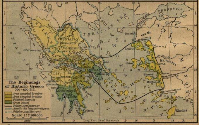 Mappa che mostra la Grecia tra il 600 e il 700 a.C. circa con Mar Egeo e Asia Minore.