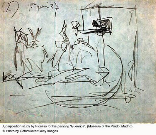 Schizzo di Picasso per la sua pittura Guernica