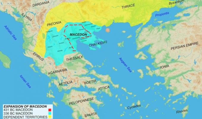 Mappa dell'impero macedone che mostra la storia e la crescita.