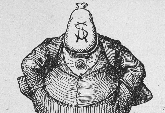 Cartone animato di Boss Tweed con testa di sacco di soldi di Thomas Nast