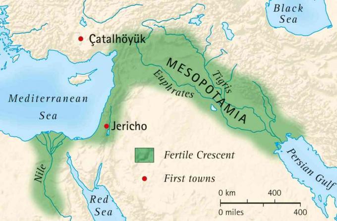 Mappa della fertile mezzaluna della Mesopotamia e dell'Egitto e posizione delle prime città