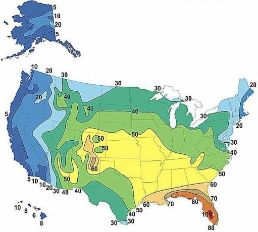 Una mappa che mostra il numero medio di giorni di temporale ogni anno negli Stati Uniti (2010)