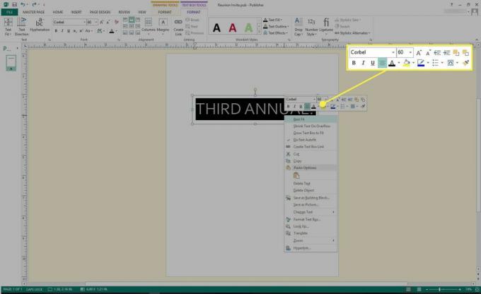 Uno screenshot di Microsoft Publisher con gli strumenti di formattazione del testo evidenziati