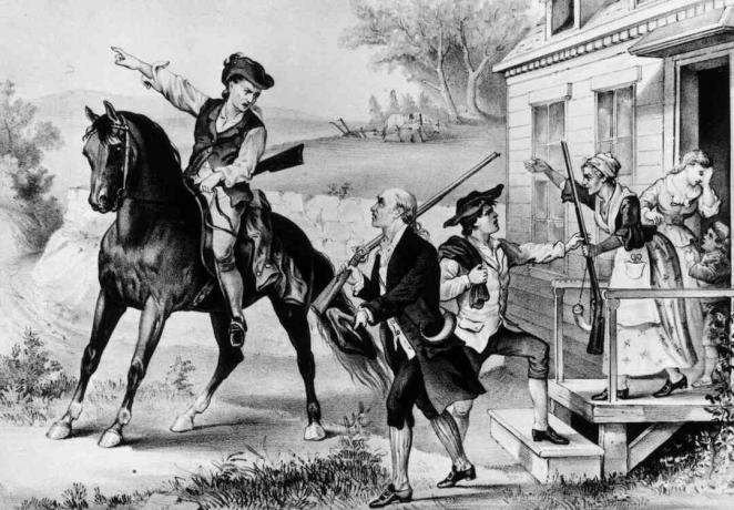 1774: Un raduno di minutemen - milizia coloniale del New England che era pronta a combattere gli inglesi in un attimo.