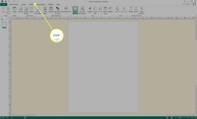 Uno screenshot di Microsoft Publisher con la scheda Inserisci evidenziata