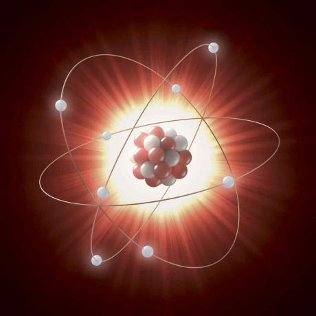 Illustrazione di un nucleo atomico come una serie di cerchi rossi e bianchi, orbitati da elettroni rappresentati da cerchi bianchi.