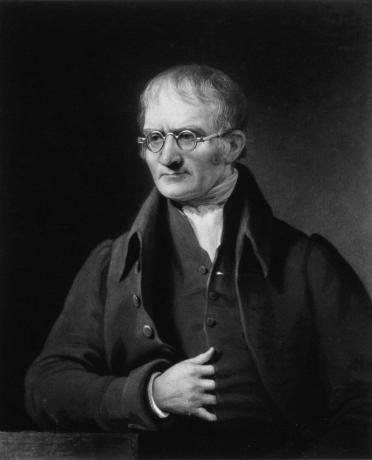 Immagine in bianco e nero di John Dalton, fisico e chimico britannico.