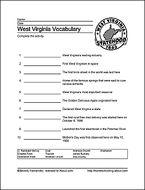 Foglio di lavoro sul vocabolario della Virginia dell'Ovest.