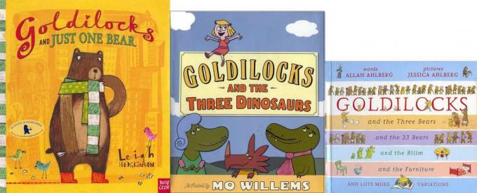 Copertine di 3 versioni divertenti di libri illustrati di Goldilocks e dei tre orsi