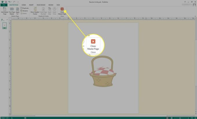 Uno screenshot di Microsoft Publisher con il pulsante Chiudi pagina master evidenziato