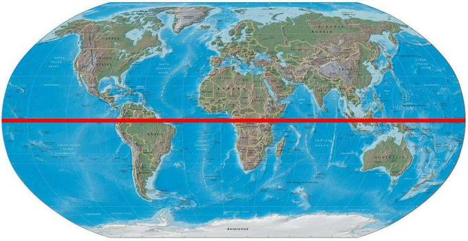 Mappa della Terra illustrata con linea rossa dell'equatore.