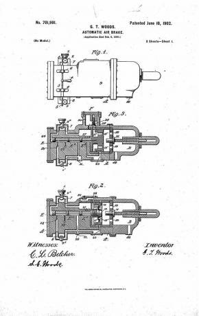 brevetto per Granville T. Freno pneumatico automatico di Woods, 1902