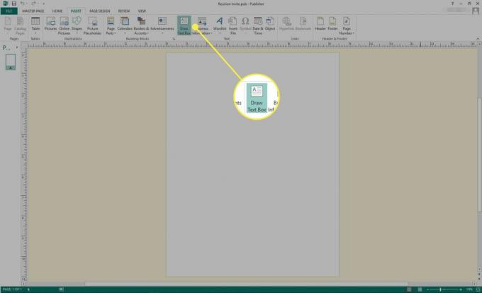 Uno screenshot di Microsoft Publisher con il comando Disegna casella di testo evidenziato