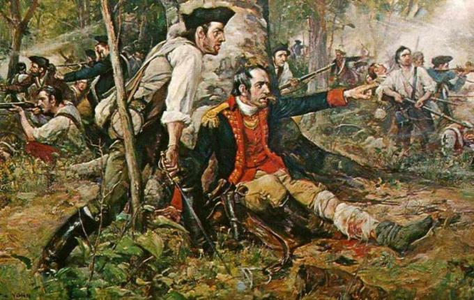 Il generale di brigata Nicholas Herkimer dirige le truppe durante la battaglia di Oriskany.