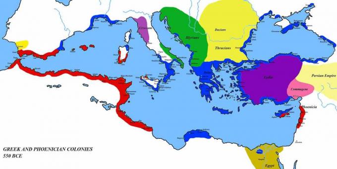 Mappa che mostra gli insediamenti greci e fenici nel 550 a.C.