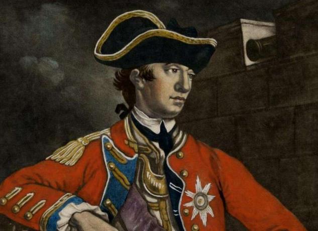 Generale William Howe in uniforme rossa dell'esercito britannico.