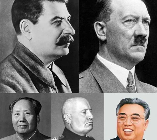 Collage di leader totalitari (ogni riga - da sinistra a destra) Joseph Stalin, Adolf Hitler, Mao Zedong, Benito Mussolini e Kim Il-sung.