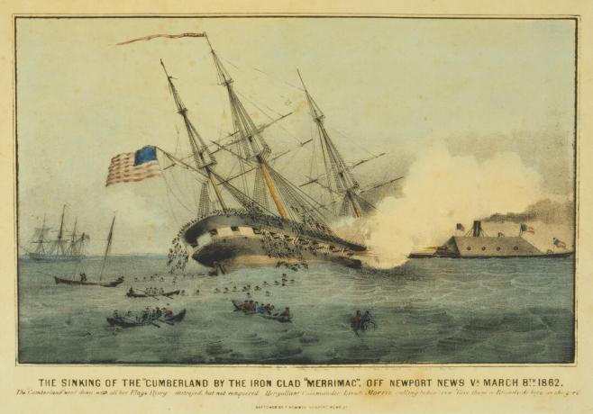 Una litografia che raffigura il devastante attacco alla USS Cumberland da parte della CSS Virginia.