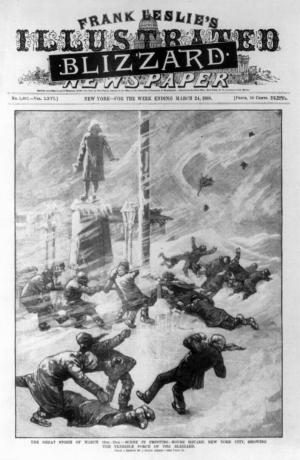 The Great Blizzard come raffigurato sulla copertina di una rivista illustrata nel marzo 1888.