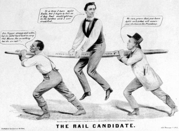 Lincoln interpretato come il candidato della ferrovia in un cartone animato politico.