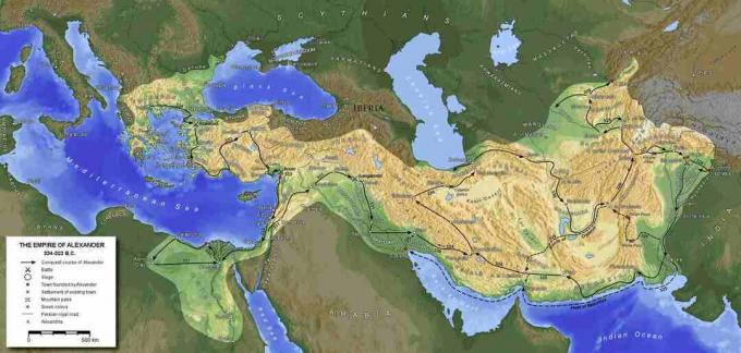 Mappa che mostra le conquiste di Alessandro Magno.