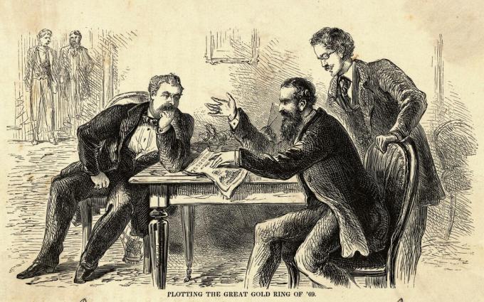 James Fisk (a sinistra) e Jay Gould (seduto a destra) tramando il Grande Anello d'oro del 1869. Incisione.