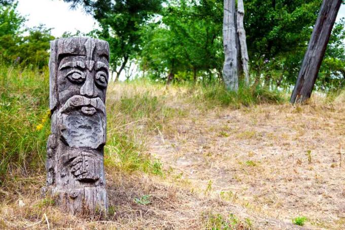 Idolo di legno del dio slavo Perun da un sentiero in una foresta ucraina.