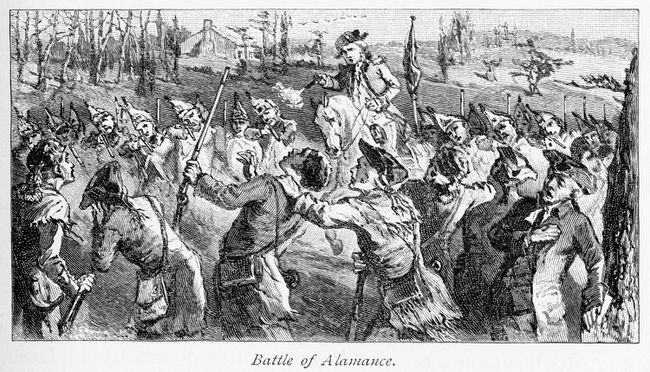 Le milizie del Governatore Tryon sparano contro i Regolatori durante la Battaglia di Alamance, l'ultima battaglia della Guerra del Regolamento.