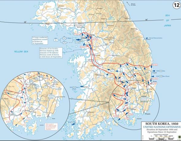 Mappa di Inchon Invasion e Pusan ​​Perimeter Breakout