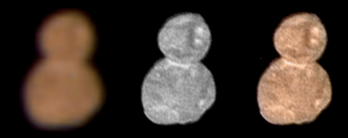 Le prime immagini a colori del 2014 MU69 Ultima Thule. Il materiale rossastro è probabilmente un rivestimento creato dalle interazioni della luce ultravioletta con i ghiacci.