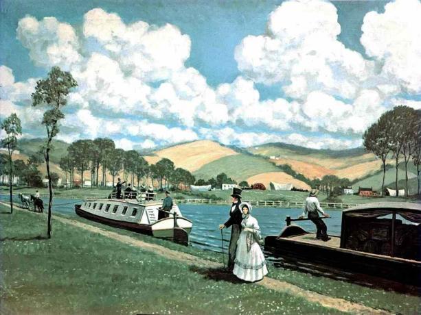 Dipinto a colori del misterioso Canale nel 1825 con viaggiatori su barche e carri coperti in lontananza.