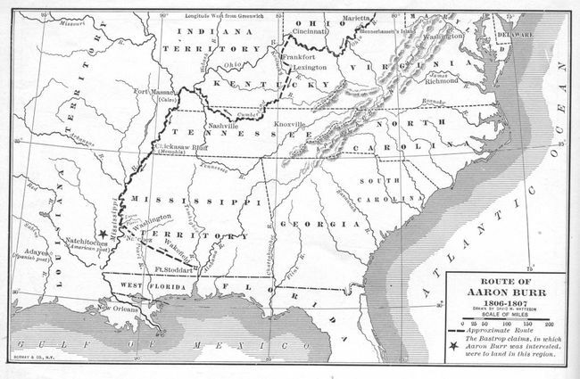 La mappa illustra il percorso approssimativo dell'ex vicepresidente degli Stati Uniti Aaron Burr durante il suo viaggio lungo il fiume Mississippi in quella che divenne nota come la cospirazione di Burr nel 1806-1807